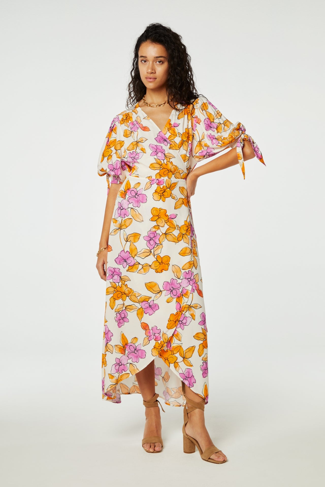 Robe longue fleurs violettes et oranges à manches trois quart Fabienne Chapot boutique la Ptite rebelle