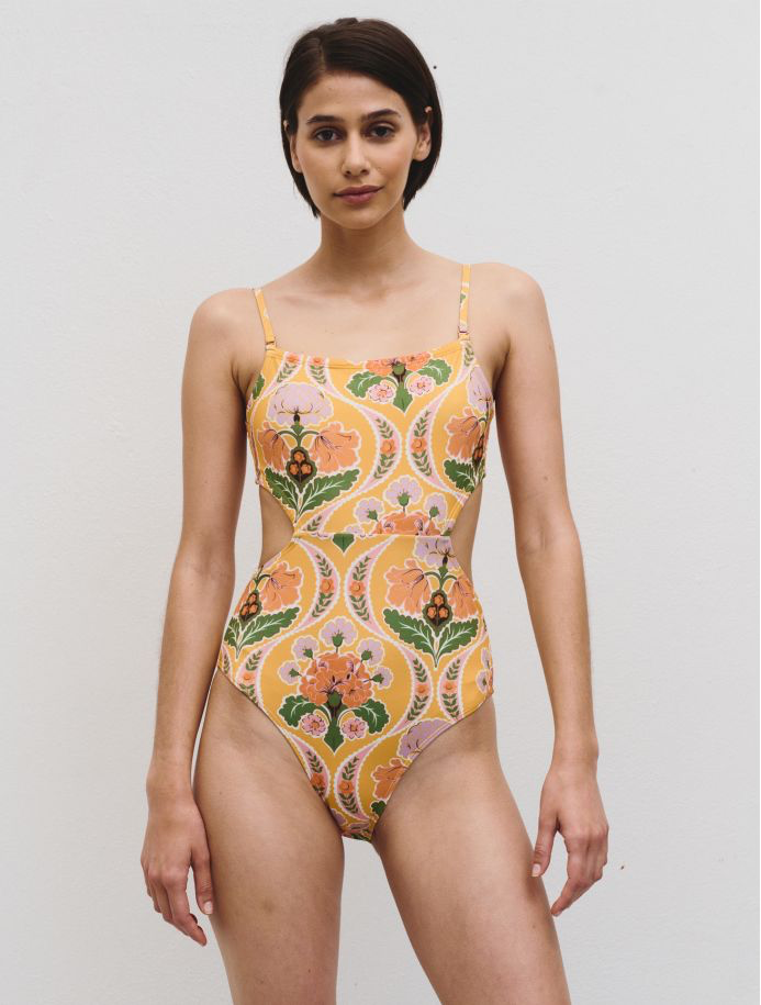 Maillot de bain Idano jaune motif vintage dos nu boutique la p’tite rebelle amiens