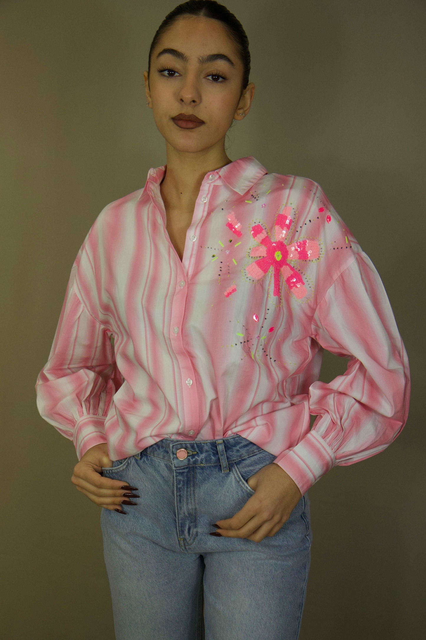 Blouse rayures broderies rose blanche Pom Amsterdam boutique La Ptite Rebelle Amiens 