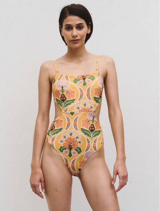 Maillot de bain Idano jaune motif vintage dos nu boutique la p’tite rebelle amiens